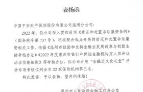 平安产险温州分公司：收到温州市政府金融办表扬函